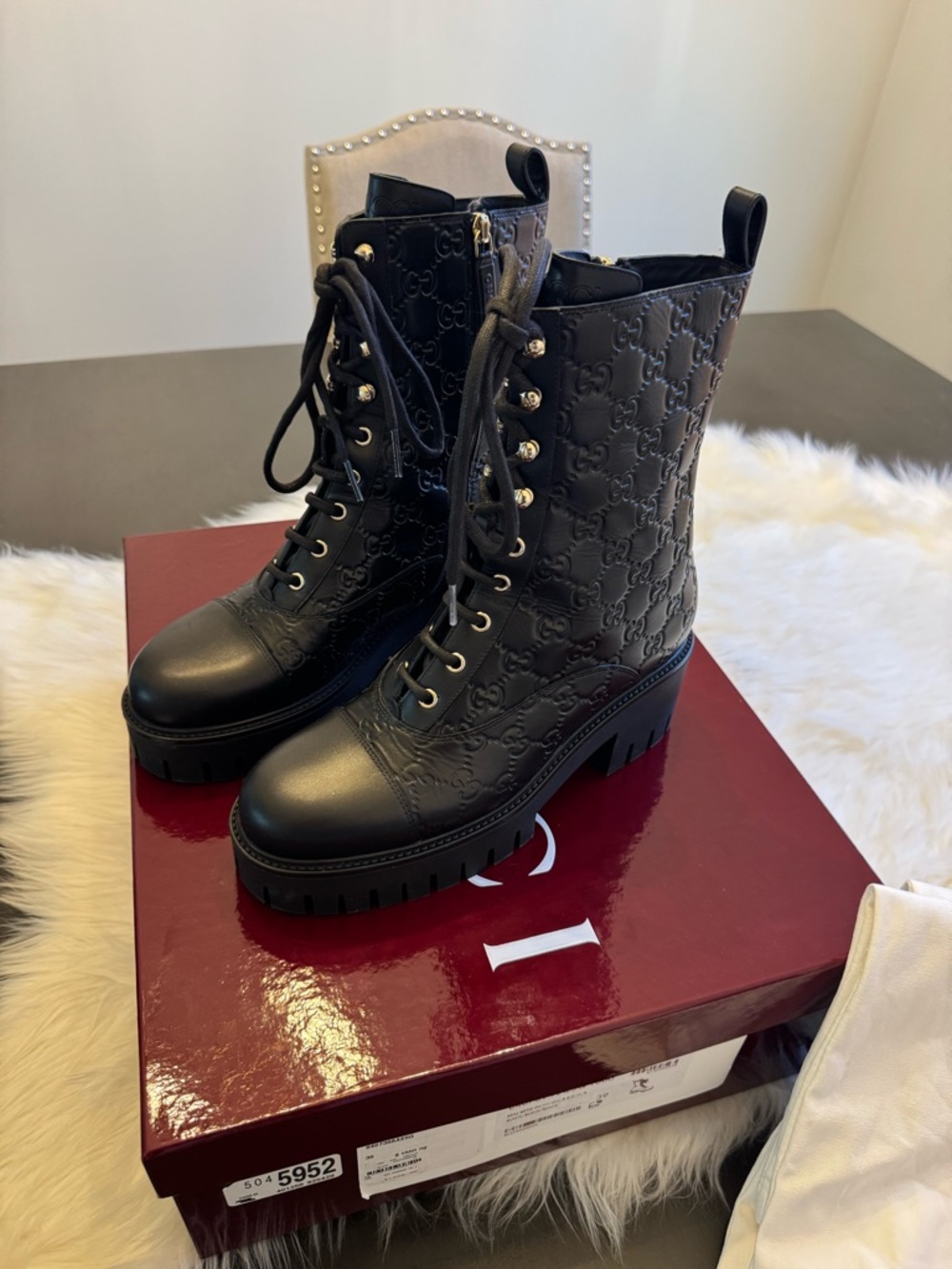 Gucci Black Embossed Leather Combat Boots